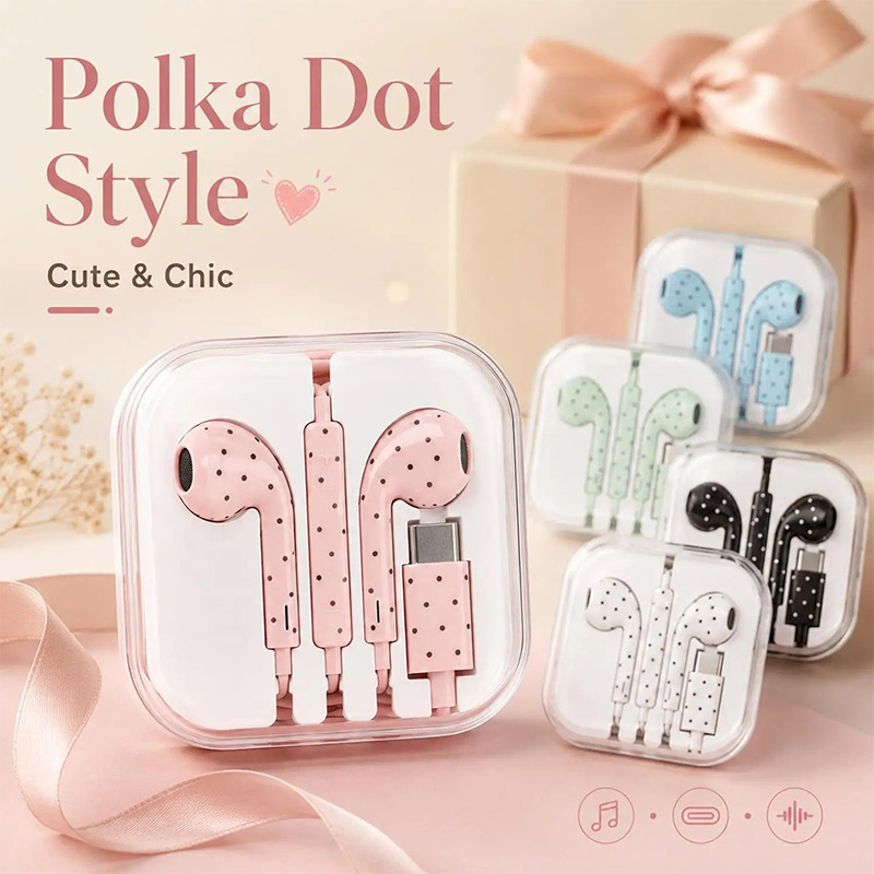 Type C Wired Earphones With Mic - Cute Polka Dot Type‑c Wired Earphones